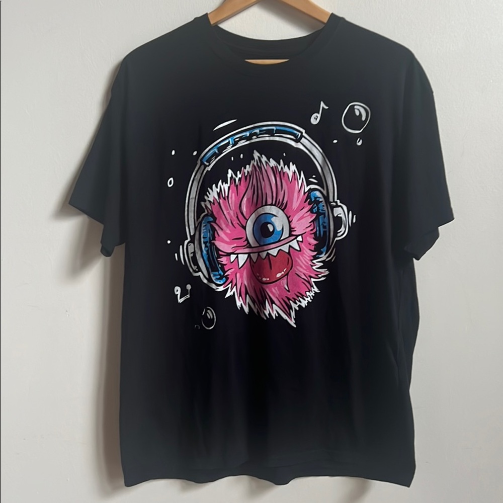 Fuzzy monster with headphones  T-Shirt with Pink Monster Design